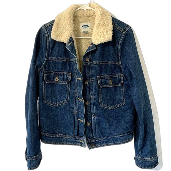 Sherpa-Lined Denim Trucker Jacket Sz M Dark Wash - Picture 1 of 6